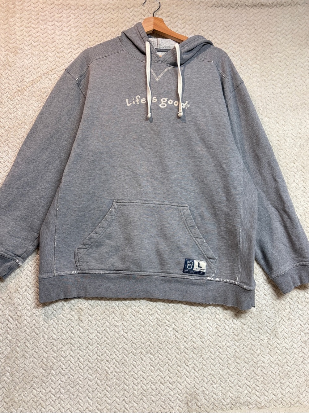 Life is Good Mens Hoodie Large Gray Distressed Pullover Graphic Sweatshirt